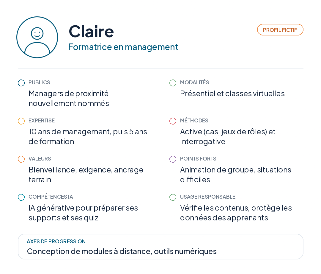 Exemple de persona de formateur : Claire, formatrice en management, avec ses publics, méthodes, valeurs, compétences IA et axes de progression